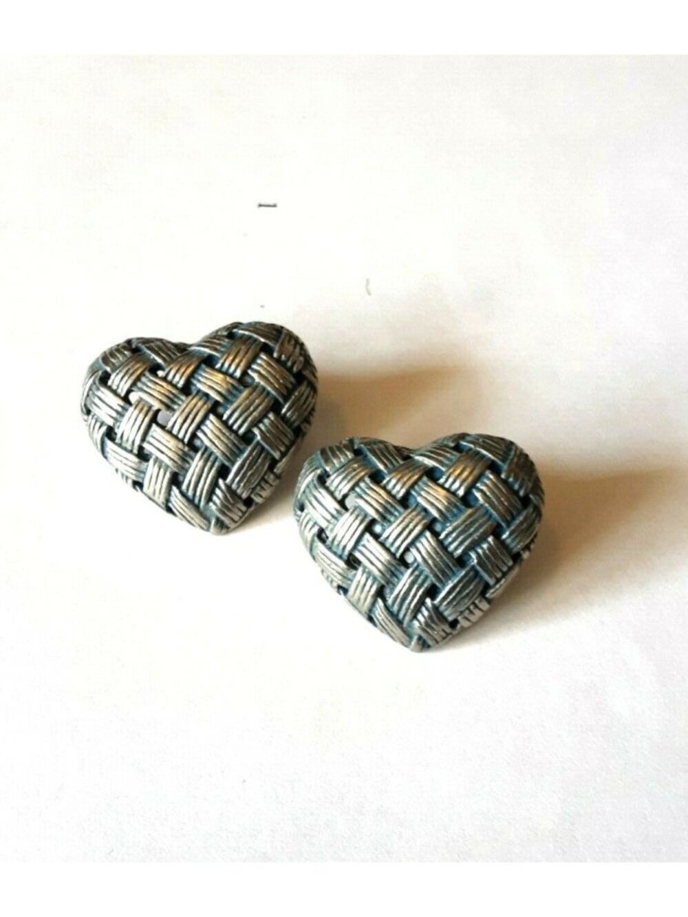 Woven Blue Heart Silver Metal Earrings Posts
